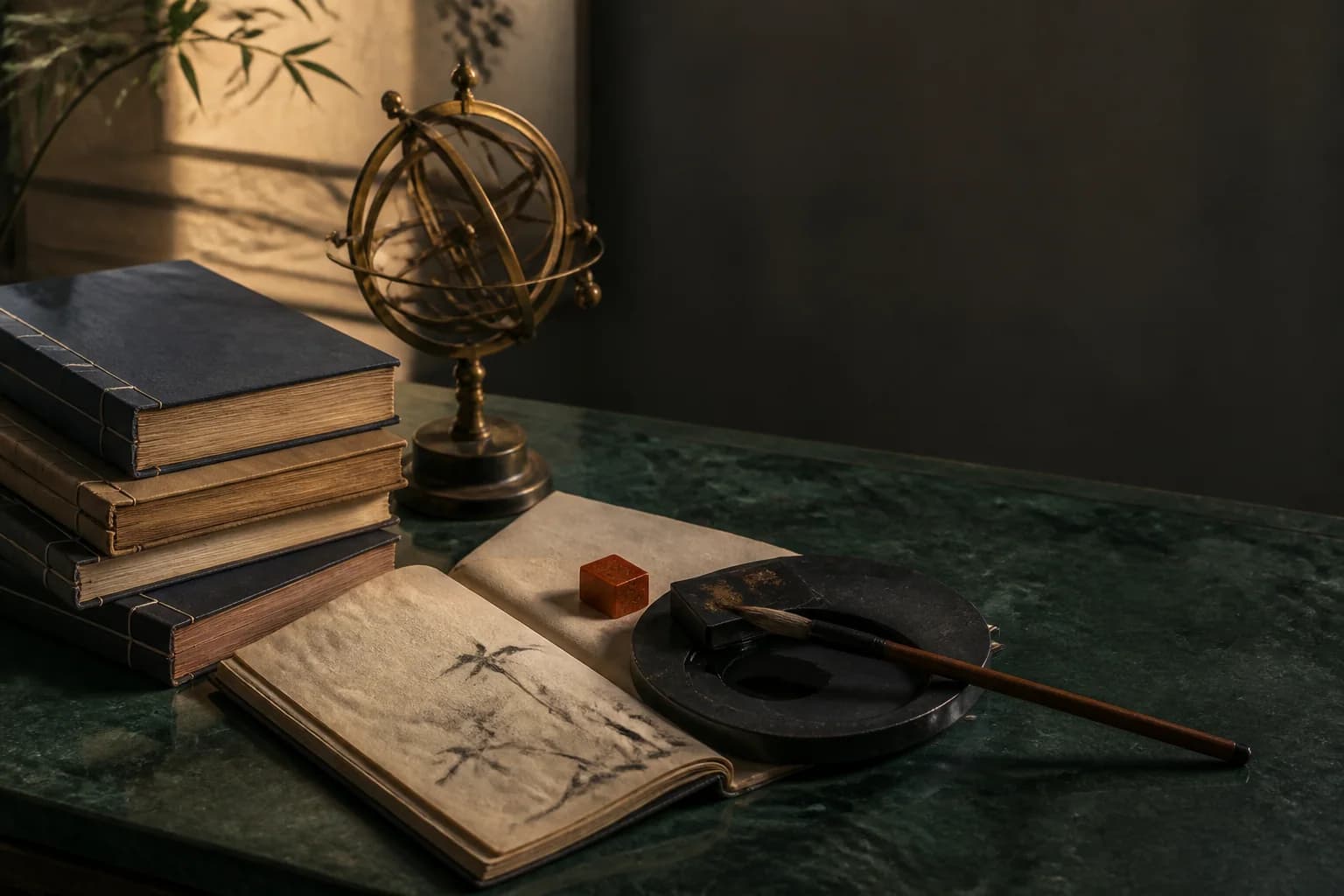 Classical stitched books, a brass armillary sphere, an ink stone, and a cinnabar seal