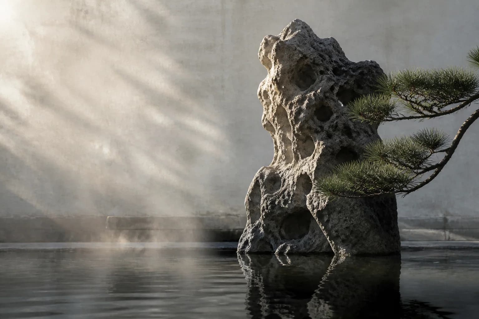 Scholar's rock beside reflective water