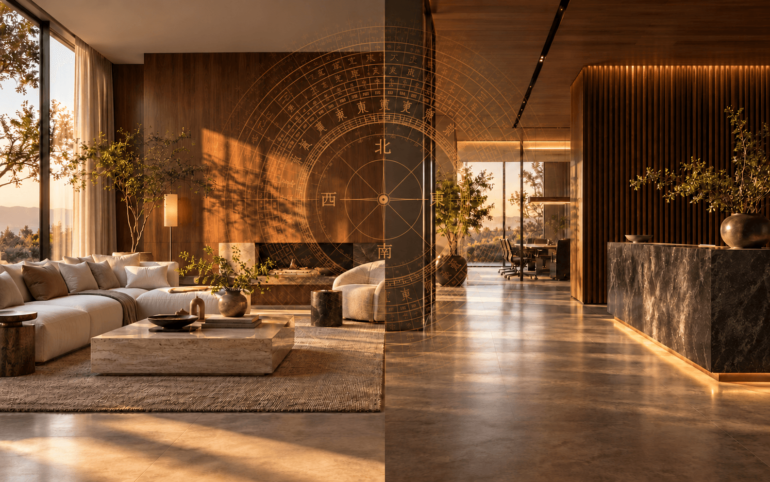 Illustrative living room and commercial reception space with a subtle gold Luopan projection