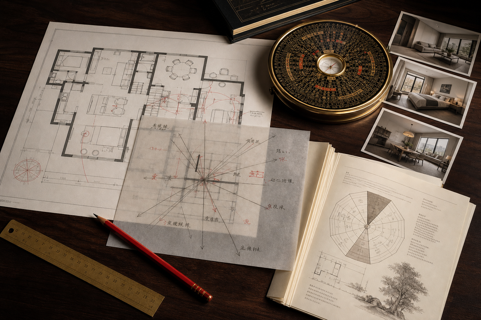 Floor plan, luopan compass, room photographs, and annotations used in a private Feng Shui review